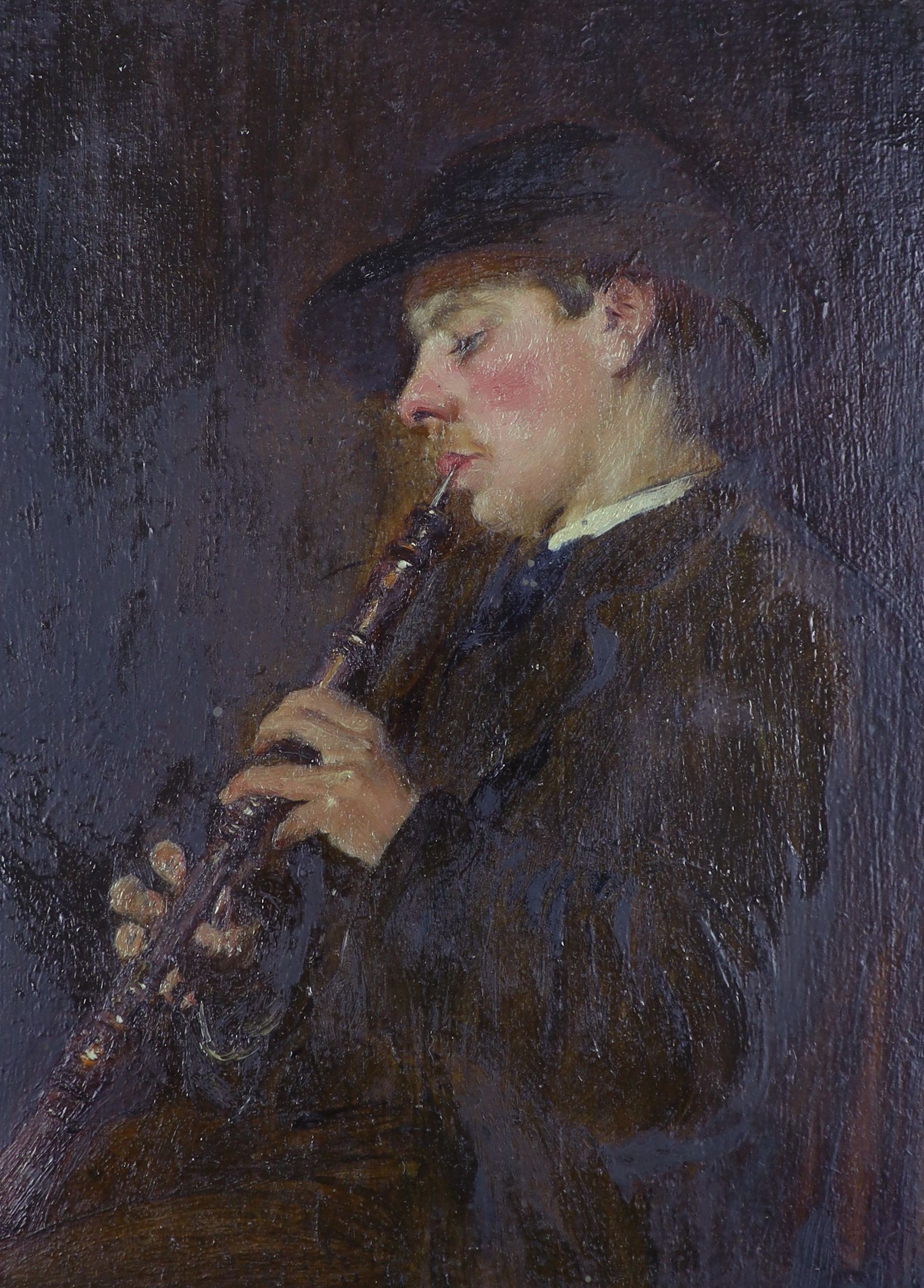 George Ogilvy Reid RSA (Scottish 1851-1928), oil on panel, 'A Leisure Horn', artist label verso dated 1886, 25 x 18cm